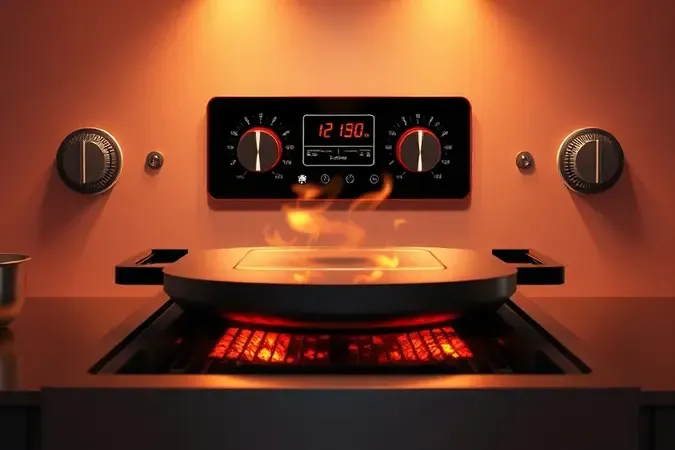 Visualização conceitual em 3D de fluxo de ar quente e grelha para churrasco em fritadeira elétrica.