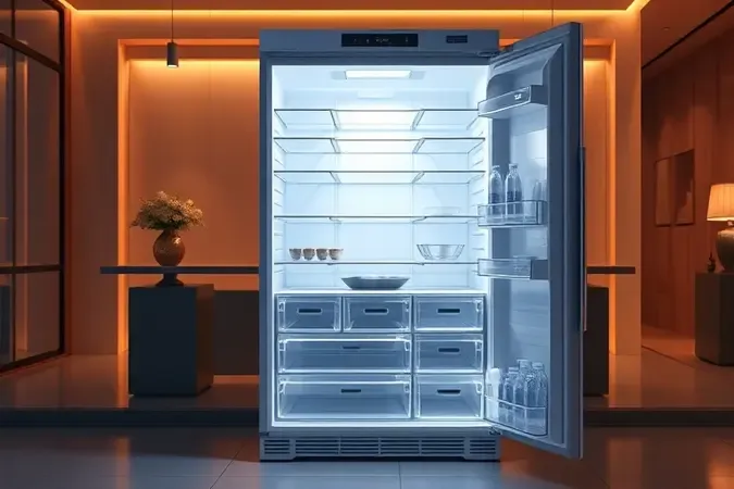 Render conceitual 3D de geladeira inverse moderna com freezer na parte inferior e compartimentos organizados.