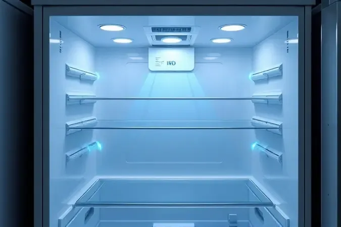Renderização 3D de corte transversal de geladeira mostrando sistema de circulação de ar do sistema frost free sem acúmulo de gelo.