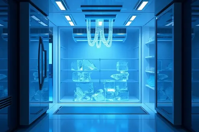 Representação 3D conceitual do sistema de refrigeração e fluxo de ar de geladeira frost free.