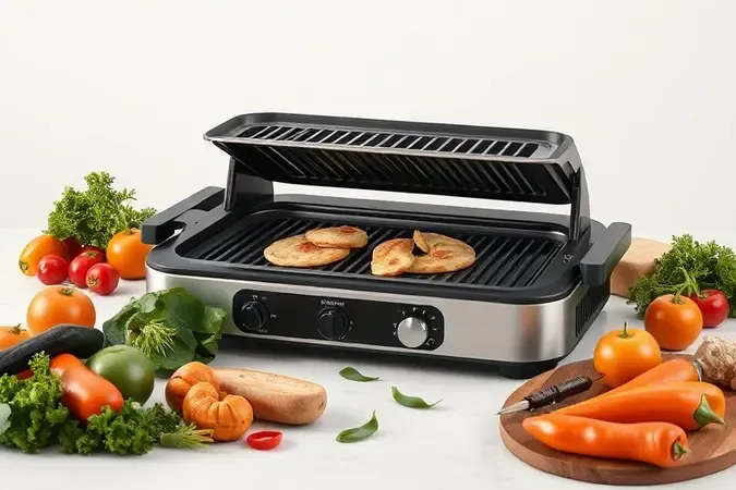 Grill elétrico com bandeja coletora de gordura para grelhados saudáveis em render 3D