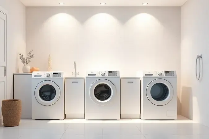 Composição 3D conceitual de ambiente de lavanderia moderno com design elegante e minimalista.