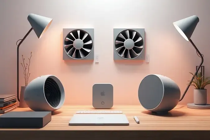 Render conceitual em 3D de ventilador portátil moderno em mesa de trabalho minimalista.