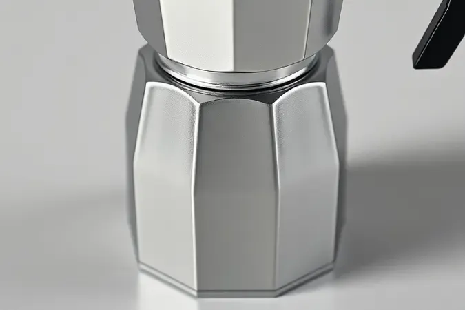 Detalhe em close-up de cafeteira italiana autêntica em render 3D destacando acabamento polido e qualidade artesanal superior
