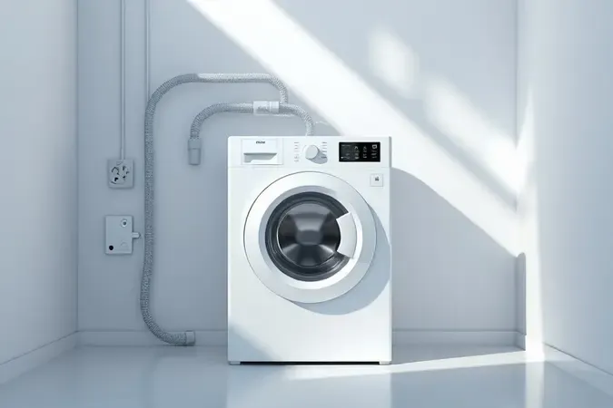 Render 3D conceitual de área de instalação para lavadora com conexões hidráulicas e elétricas limpas.