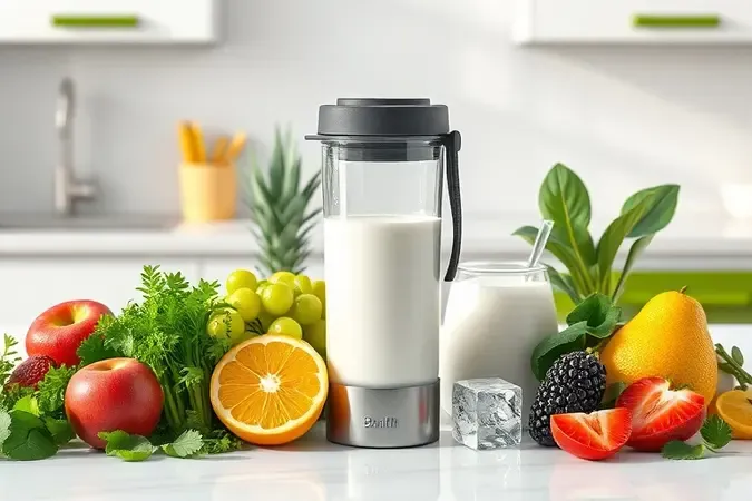 Render 3D de frutas frescas, folhas verdes e gelo ao redor de copo de liquidificador portátil