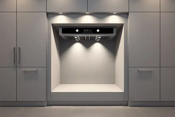 Render 3D de nicho de cozinha para instalação de forno com conexões elétrica e de gás.