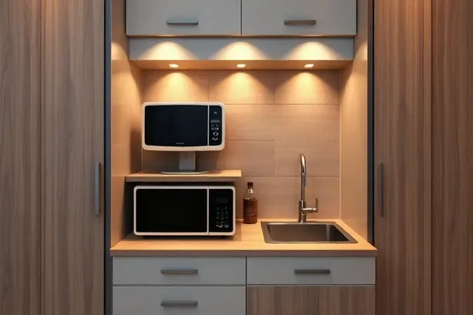 Instalação otimizada de eletrodoméstico compacto em bancada de cozinha pequena planejada.