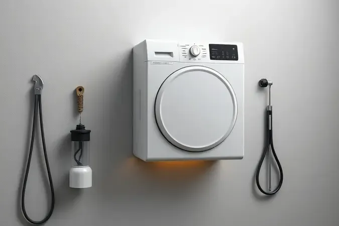 Render 3D de instalação de secadora de parede com suporte e ferramentas em lavanderia moderna.