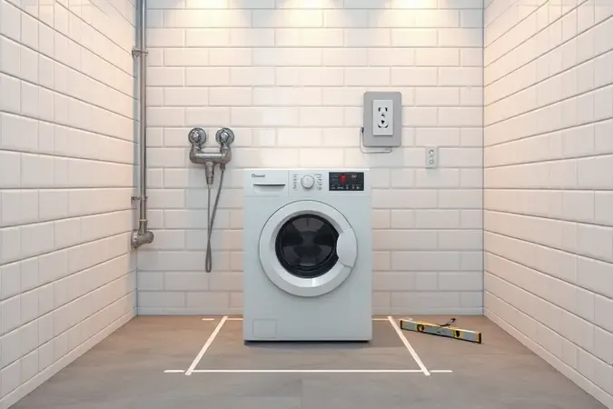 Render 3D de área de serviço planejada com máquina de lavar e instalações hidráulicas e elétricas visíveis