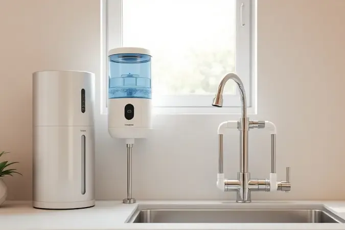 Instalação de purificador de água em bancada de cozinha moderna com ferramentas