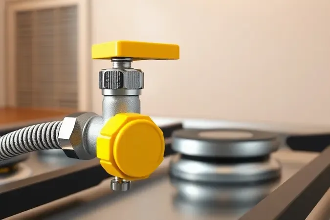 Render 3D conceitual de válvula de gás mangueira flexível e registro para instalação segura de fogão