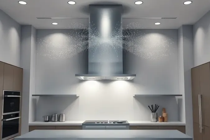 Visualização 3D de sistema de ventilação e coifa para fogão industrial em cozinha ampla.