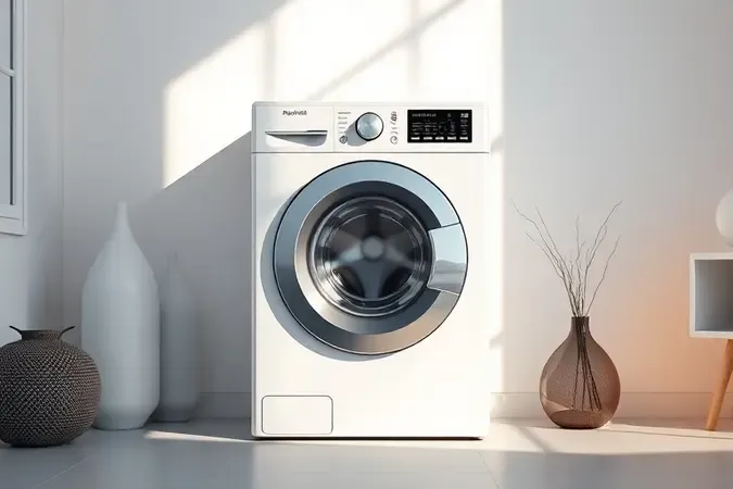 Render 3D conceitual de máquina de lavar moderna destacando qualidade e durabilidade em ambiente elegante