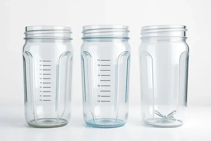 Jarras de liquidificador em vidro, Tritan e plástico comum em render 3D conceitual sobre superfície limpa.