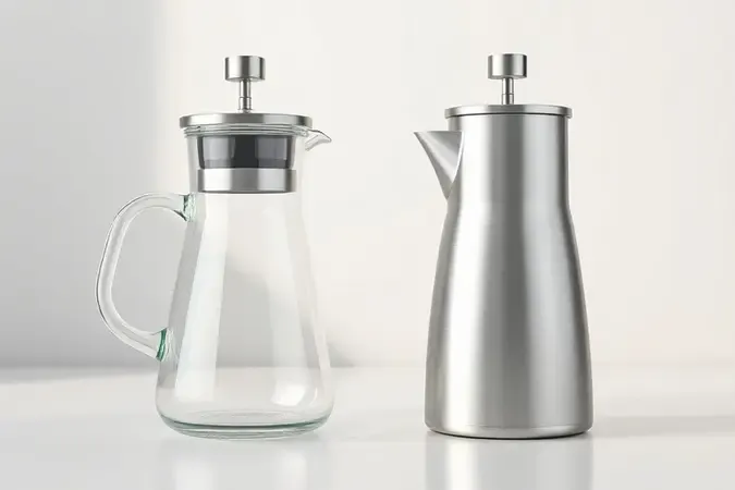 Comparação entre jarra de vidro e jarra de inox para cafeteira em render 3D