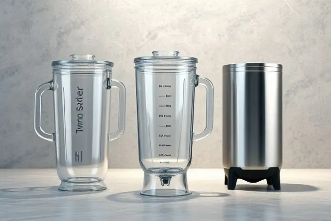 Três jarras de liquidificador feitas de vidro, tritan e inox em composição conceitual 3D.