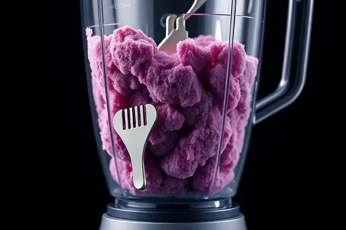 Lâminas de aço inoxidável triturando polpa congelada de açaí em render 3D conceitual.