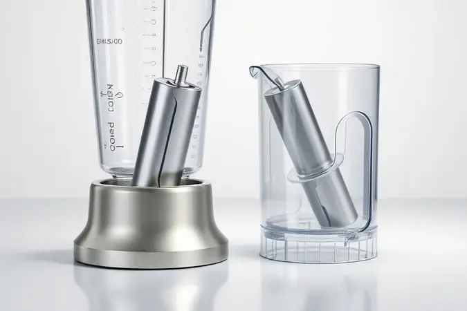 Lâminas de liquidificador fixas e removíveis destacadas em render 3D com gotas de água para limpeza.