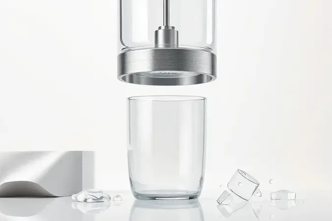 Conjunto de lâminas removíveis de liquidificador em aço inoxidável suspensas sobre copo de vidro limpo em renderização 3D