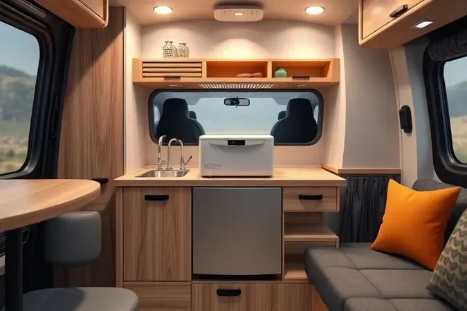 Lava-louça portátil compacta em bancada de kitchenette para motorhome e apartamento pequeno.