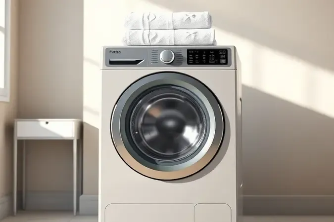 Lavadora moderna em render 3D com toalhas dobradas em lavanderia minimalista e iluminação suave