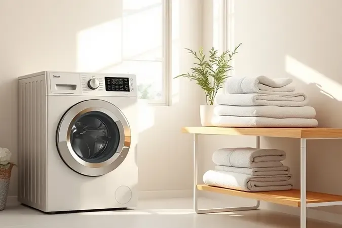Render 3D de lavanderia aconchegante com roupas limpas dobradas e máquina de lavar ao lado de prateleira minimalista