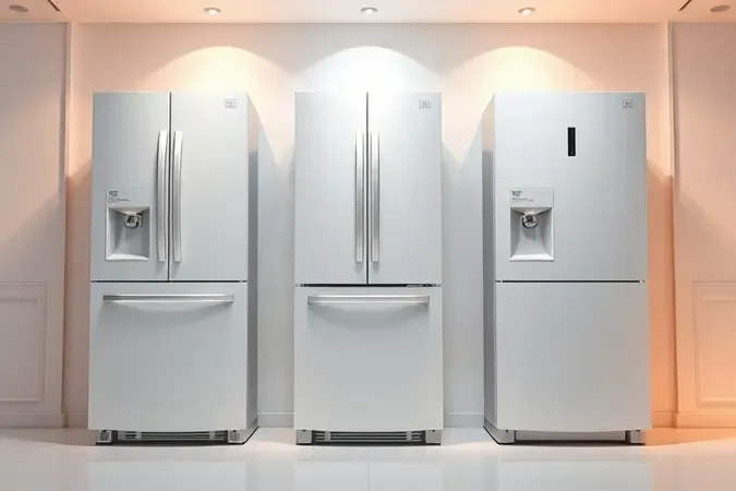Render 3D de três layouts de geladeira sem marca: duplex, inverse e uma porta.