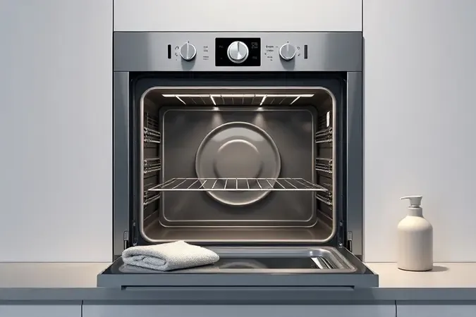 Limpeza de forno elétrico de embutir com pano de microfibra e superfícies de inox e vidro impecáveis