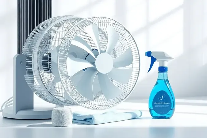 Renderização 3D de ventilador de coluna desmontado para limpeza com pano de microfibra