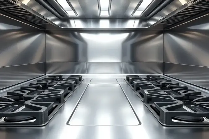 Render 3D de grelhas e superfície de inox polidas para manutenção de fogão industrial.