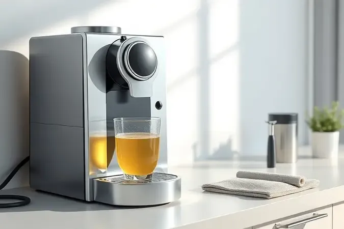 Limpeza e descalcificação de cafeteira de cápsula sem marca com solução e pano em bancada clara.