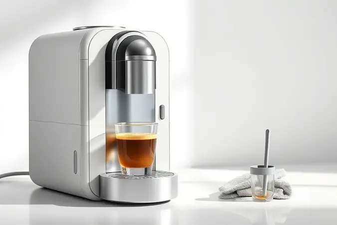 Render 3D de limpeza e descalcificação de cafeteira com reservatório aberto e pano de microfibra