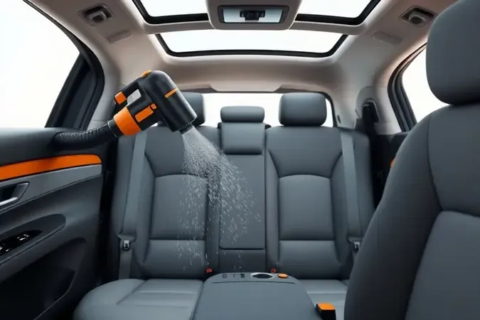 Passo a passo de limpeza interna de carro com aspirador de pó portátil em render conceitual