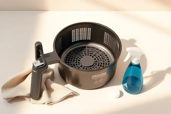 Cesto de air fryer conceitual com itens de limpeza em renderização 3D clean e higiênica