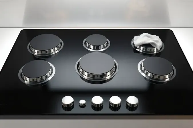 Limpeza de cooktop 5 bocas com pano de microfibra sobre superfície de vidro preto