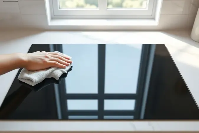 Limpeza de fogão de embutir com mesa de vidro e pano de microfibra, render 3D conceitual