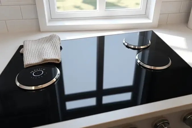 Render 3D conceitual de fogão 6 bocas impecável com pano de microfibra sobre superfície de vidro preto ilustrando limpeza e manutenção