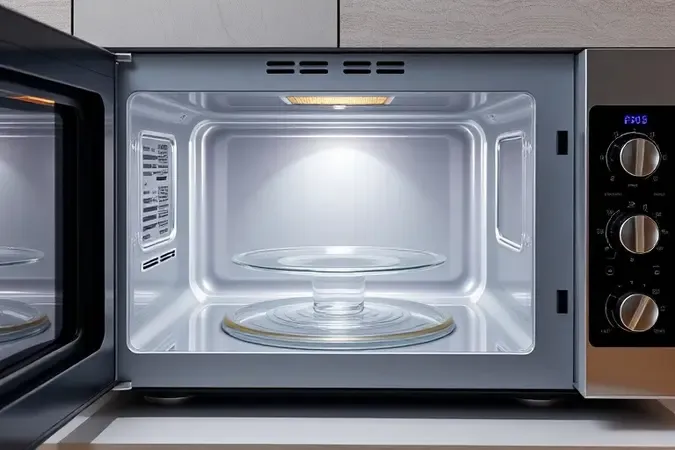 Visualização 3D de interior higienizado e componentes limpos de um micro-ondas compacto moderno.