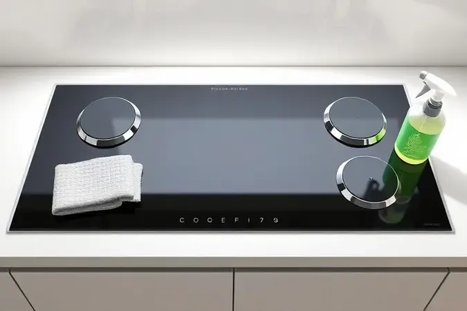 Render 3D de fogão cinco bocas limpo com pano de microfibra e borrifador sobre mesa de vidro.