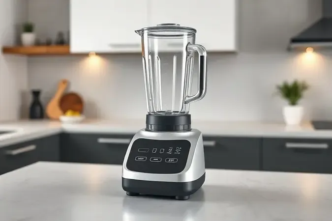 Liquidificador robusto sem marca com base larga e pés antiderrapantes em render 3D conceitual.