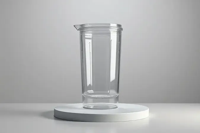 Render conceitual 3D de uma jarra de vidro transparente e brilhante sobre superfície neutra.