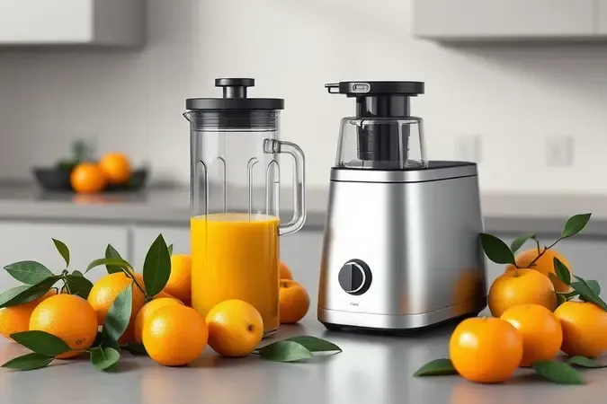 Render 3D comparando liquidificador e centrífuga com ingredientes frescos para preparo de sucos.