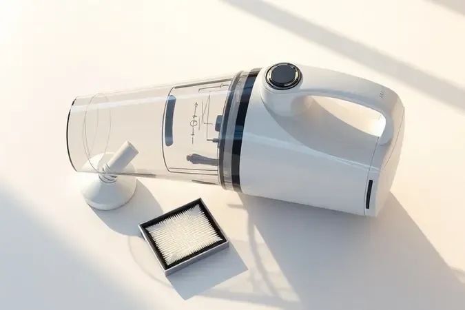 Manutenção de aspirador portátil com recipiente de pó e filtro destacados em superfície limpa e minimalista.