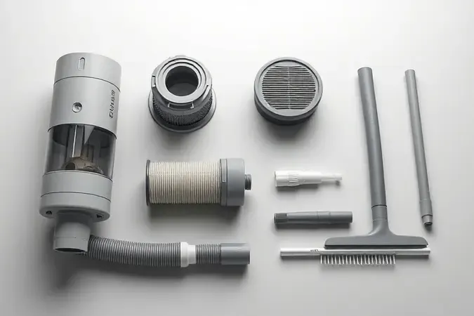 Renderização 3D de componentes desmontados de aspirador de pó e água organizados sobre superfície limpa para demonstrar manutenção e cuidados.
