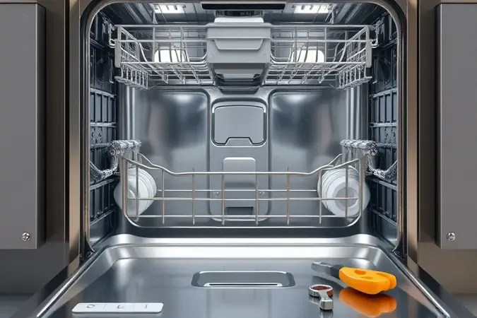 Render 3D de interior de lava-louças com filtro e braços aspersores em manutenção preventiva.