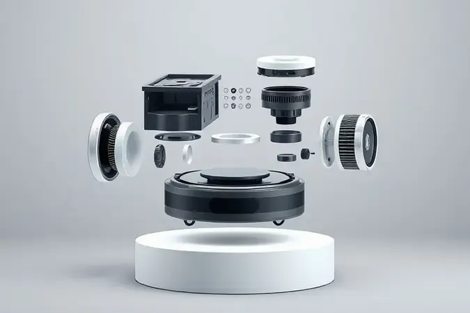 Composição 3D em vista explodida de componentes modulares e escovas de robô aspirador para manutenção.