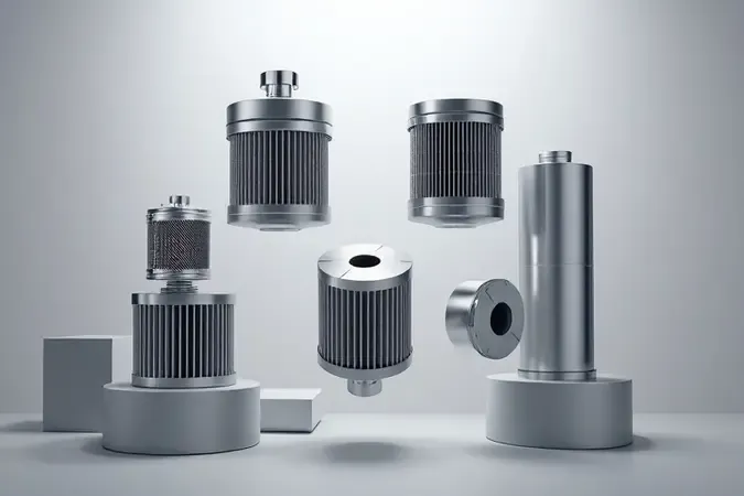 Visualização conceitual 3D de componentes de filtragem e manutenção de aspirador.