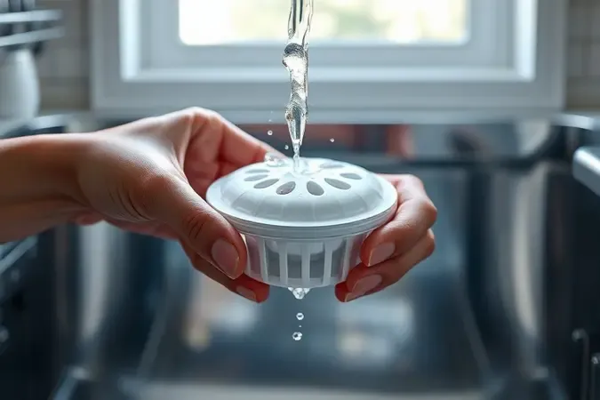Render 3D conceitual de mãos limpando filtro de lava-louças sob água corrente com estética clean e moderna.