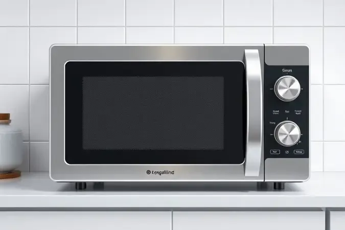 Micro-ondas perfeitamente limpo e conservado sobre bancada clara de cozinha.